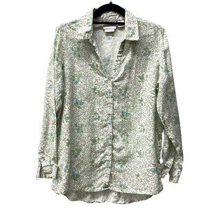 Laura Ashley Floral Linen Tunic Blouse, Size Medium, Roll Tab Sleeves‎ V-Neck
